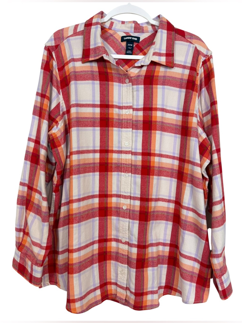 Lands’ End Women’s Flannel Button Front Shirt Red Orange Plaid Size 20W